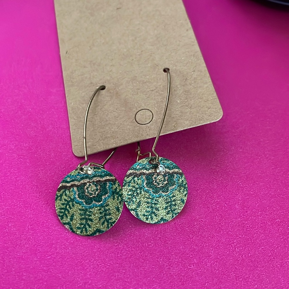 World Market boho green‎ and gold dangle earrings